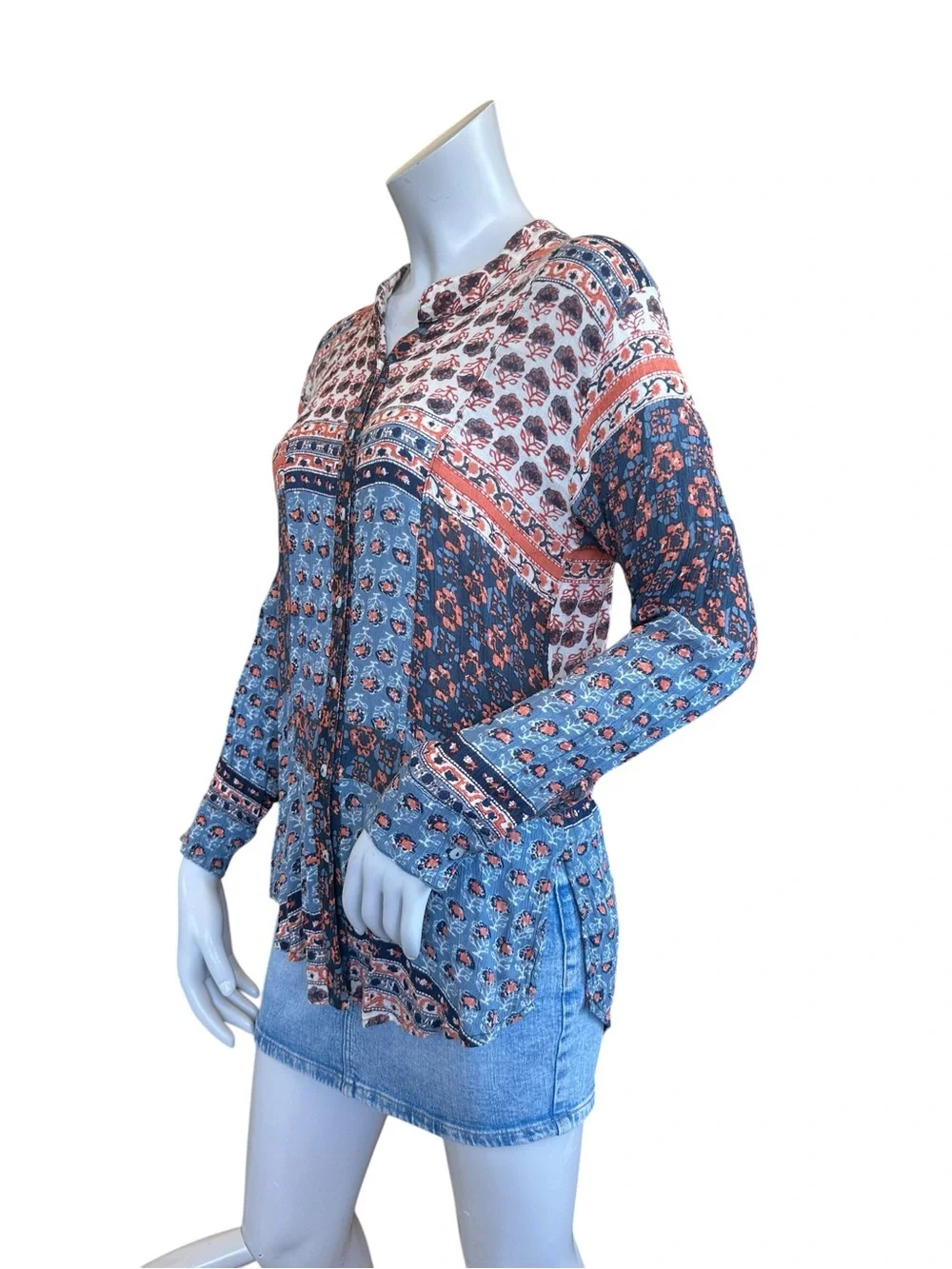 Free People Samba Orange Blue Paisley Tapestry Patchwork Boho Button Up Shirt XS